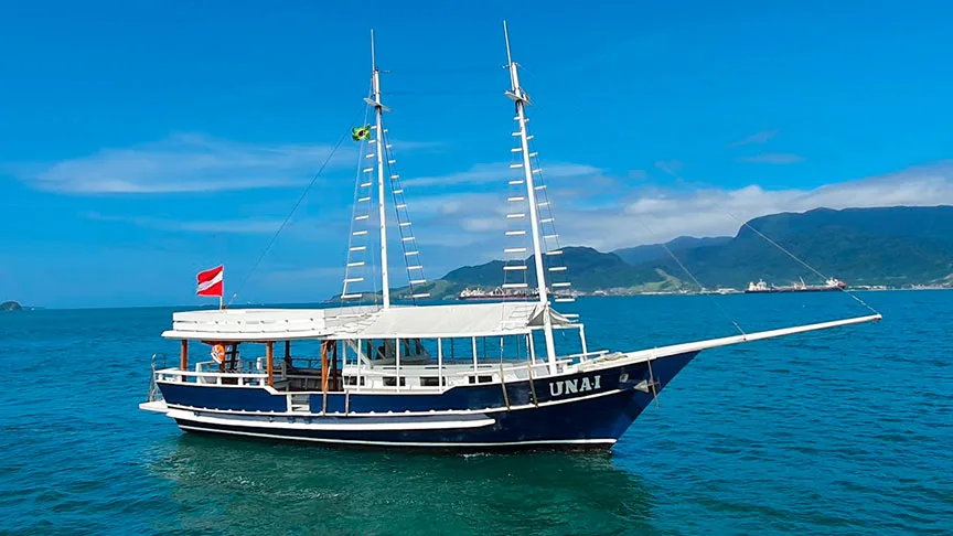 Grand bateau de plongée bleu et blanc navigue sur une mer calme