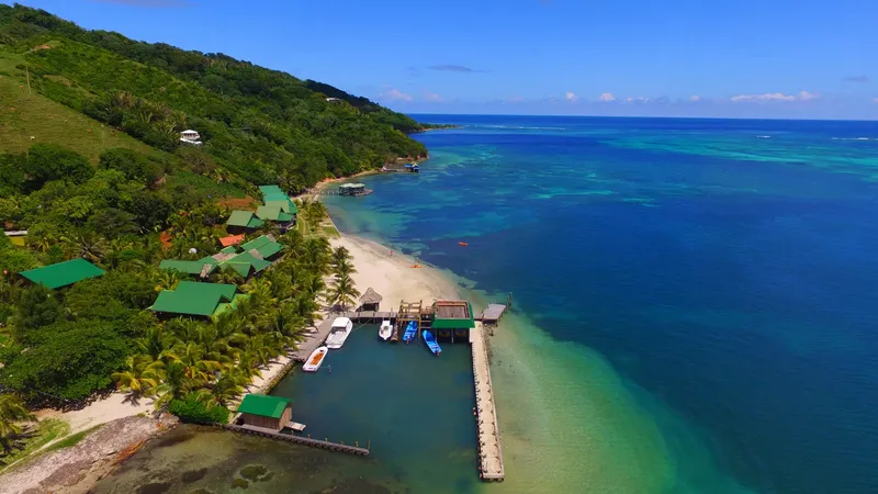 Vue aérienne d'un centre de plongée avec plage et bateaux amarrés