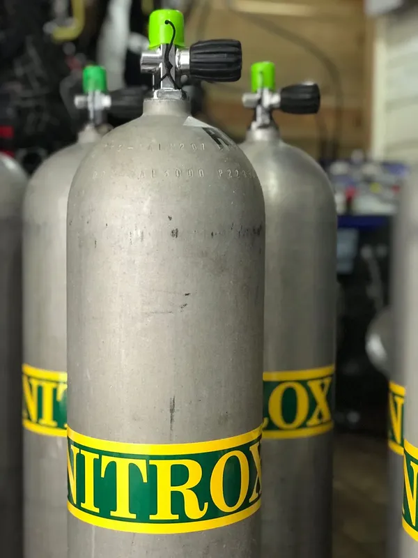 Bouteilles de plongée en acier inoxydable avec détendeurs verts et marquages