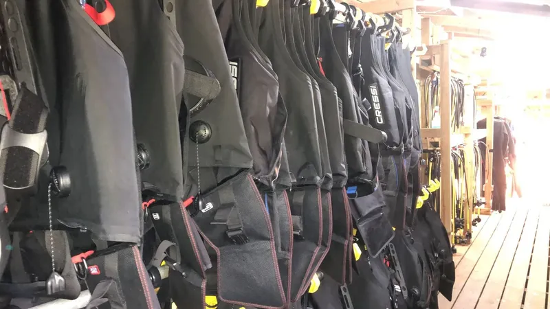 Rangée de gilets de plongée noirs et rouges suspendus à des crochets