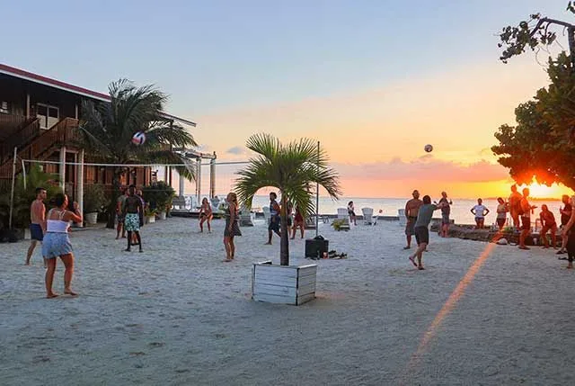 Groupe de personnes jouant au volley-ball sur une plage au coucher du soleil