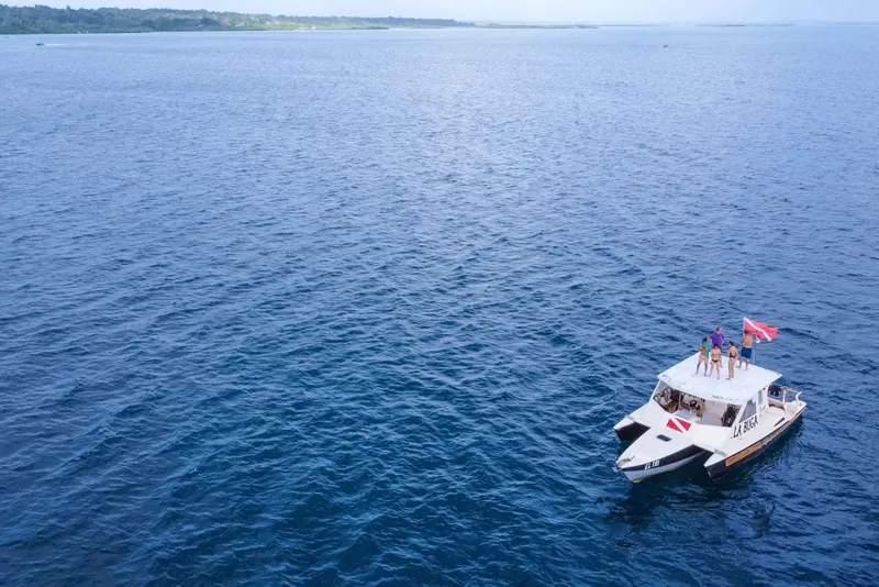 Catamaran blanc en mer avec des plongeurs sur le pont