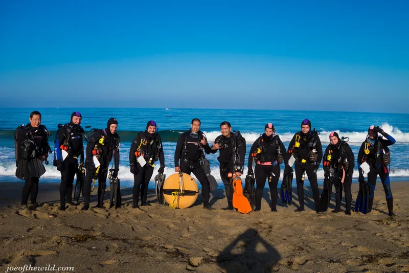 Groupe de plongeurs en combinaison sur une plage ensoleillée