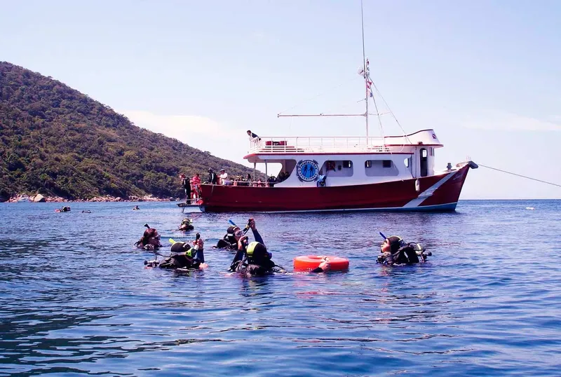 Plongeurs en surface près d'un bateau rouge et d'une côte montagneuse