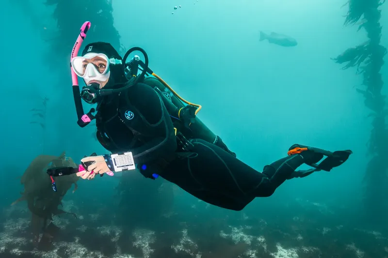 Plongeuse équipée nageant sous l'eau avec un appareil photo