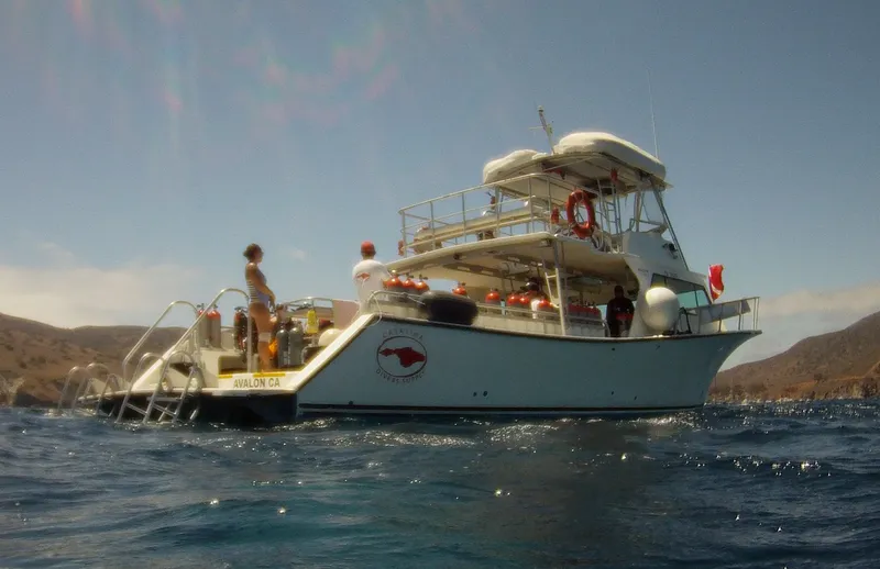 Bateau de plongée blanc avec des personnes à bord en mer calme