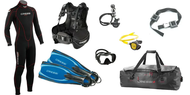 Equipement de plongée complet : combinaison, gilet, détendeur, masque et palmes