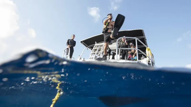 Plongeurs se preparant a sauter depuis un bateau en mer