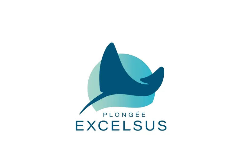 Raie manta stylisée avec le texte plongée et le nom Excelsus