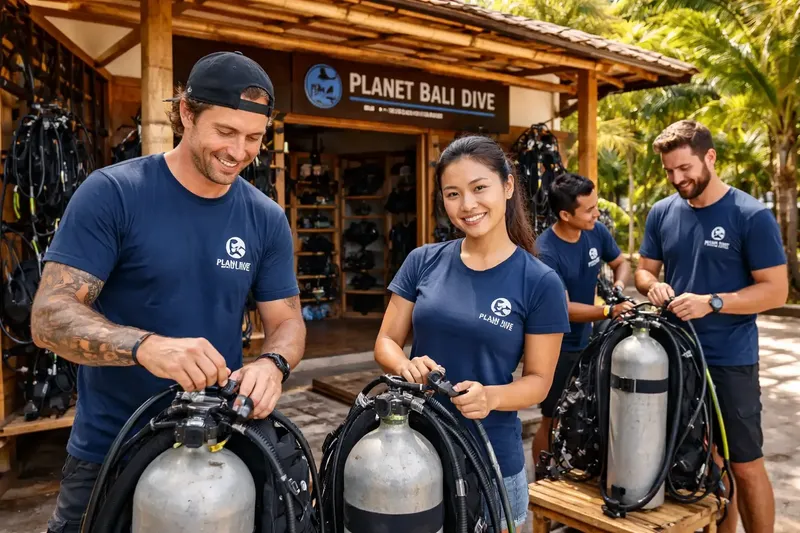 Equipe de plongee préparant du matériel devant le centre Planet Bali Dive