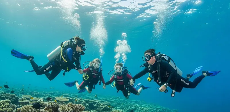 Groupe de plongeurs explorant un récifal corallien en eau turquoise
