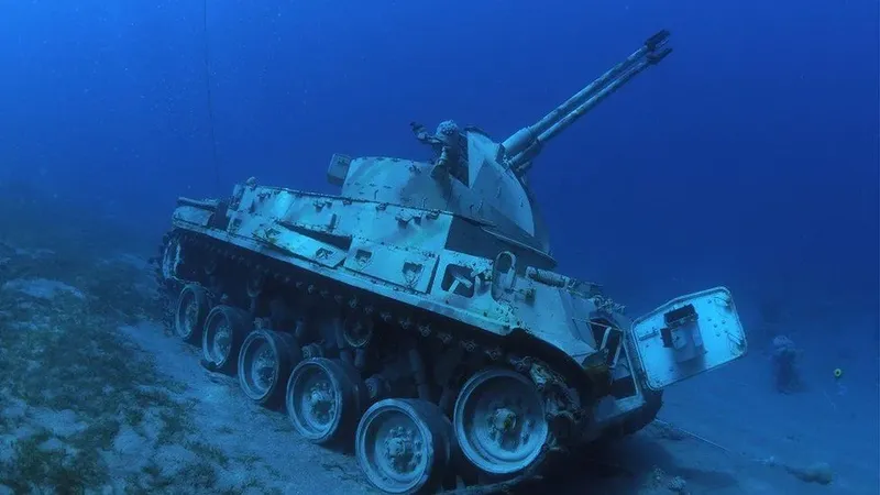 Epave d'un char d'assaut coulé au fond de la mer