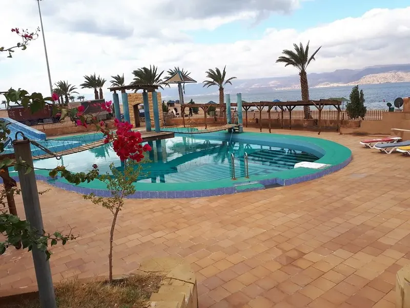Piscine extérieure d'un centre de plongée avec palmiers et terrasse