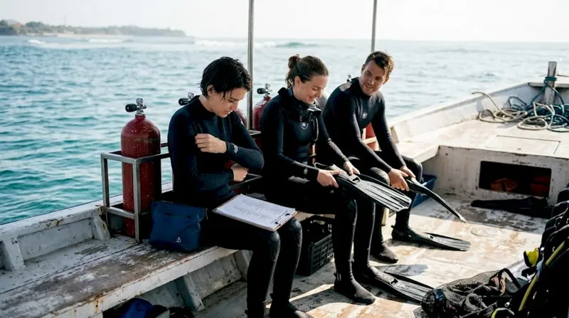 Trois plongeurs en combinaison se préparent sur un bateau en mer