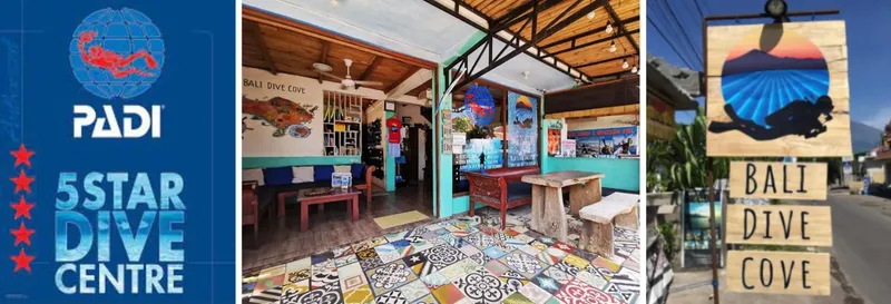 Logo PADI 5 étoiles, intérieur centre de plongée, enseigne Bali Dive Cove