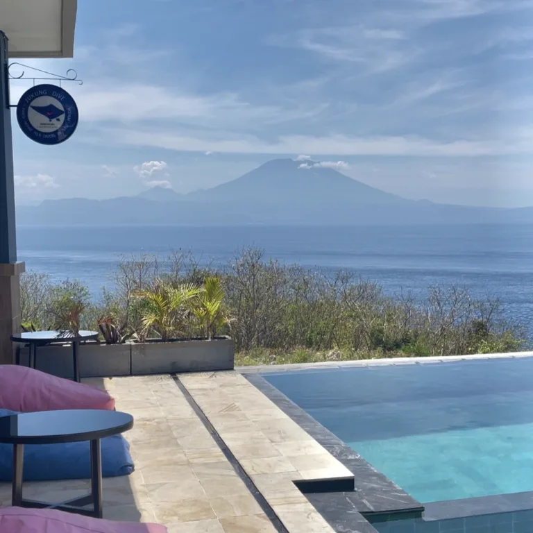 Vue sur la mer et un volcan depuis une terrasse avec un logo