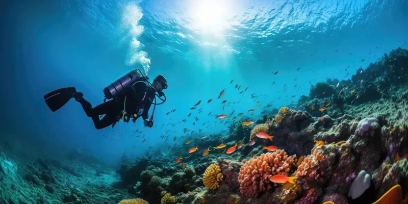 Plongeur explorant un récif corallien coloré avec des poissons tropicaux