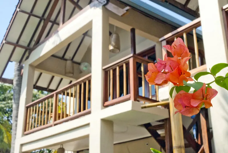 Facade d'un bâtiment avec balcon et fleurs tropicales colorées
