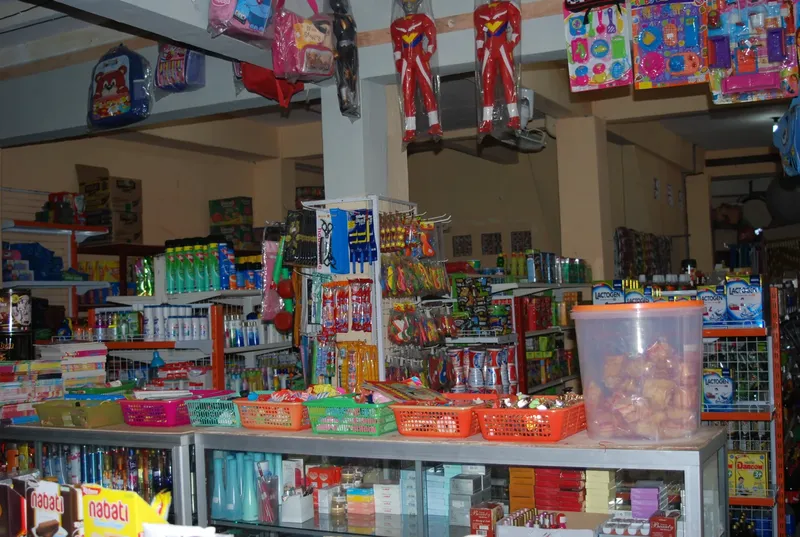 Rayonnages remplis de produits divers, jouets, articles de plage, magasin