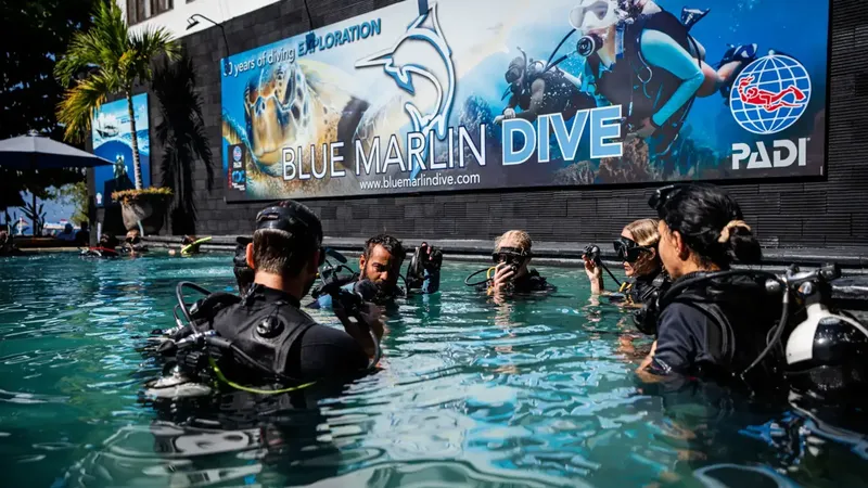 Plongeurs en formation dans une piscine avec une grande bannière publicitaire