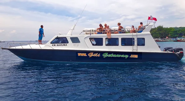 Bateau de plongée avec des passagers, en mer, paysage tropical