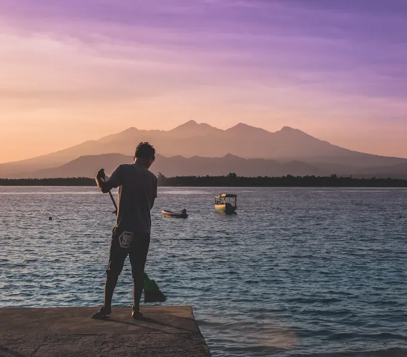 Personne regardant la mer au coucher du soleil avec des bateaux
