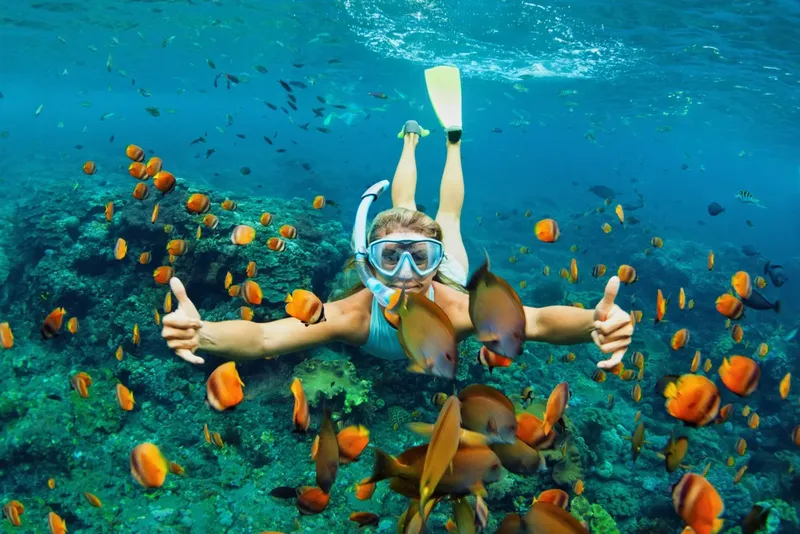 Plongeuse souriante entourée de poissons colorés dans un récif corallien