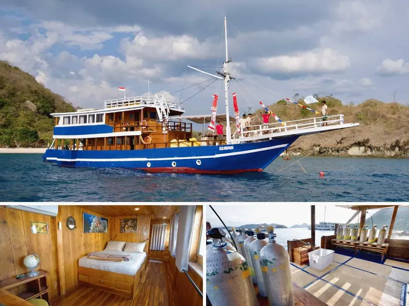Bateau de plongée bleu amarré, cabines intérieures et bouteilles d'air
