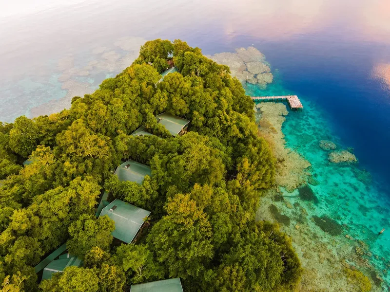Vue aérienne d'une île tropicale avec des bungalows et un ponton