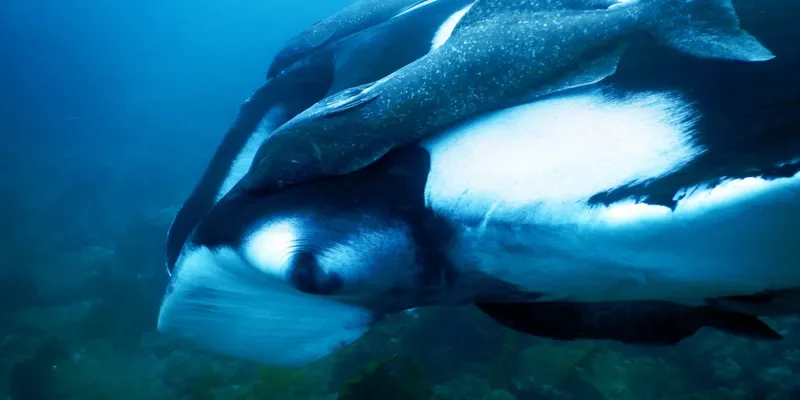Raie manta nageant gracieusement dans l'eau bleue, vue rapprochée