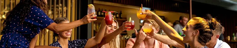 Groupe de personnes souriantes levant des verres dans un bar