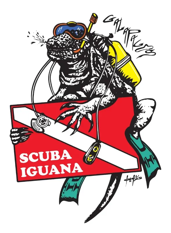 Un iguane dessiné portant un équipement de plongée complet