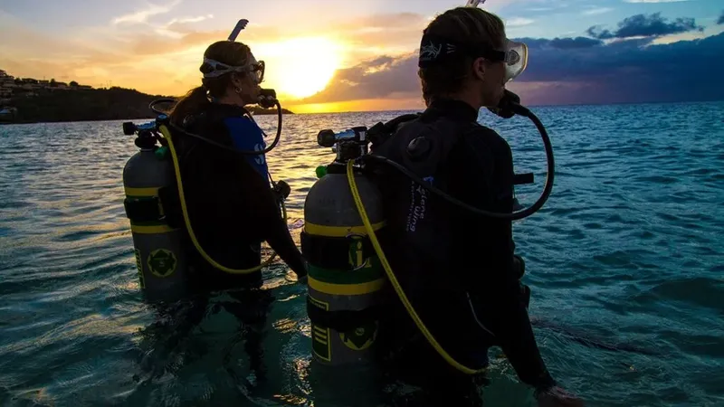 Deux plongeurs en combinaison sortent de l'eau au coucher du soleil