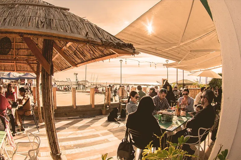 Terrasse ombragée avec des clients assis à des tables ensoleillées