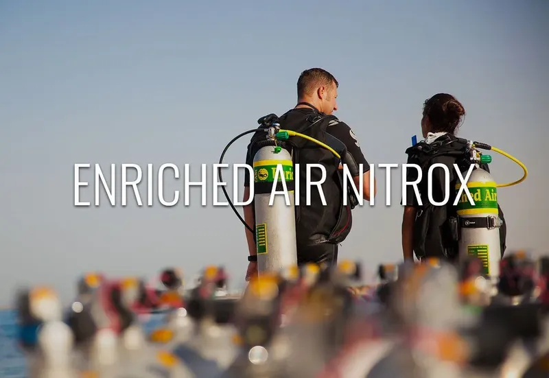 Deux plongeurs avec bouteilles regardent vers la mer, texte enrichi air nitrox