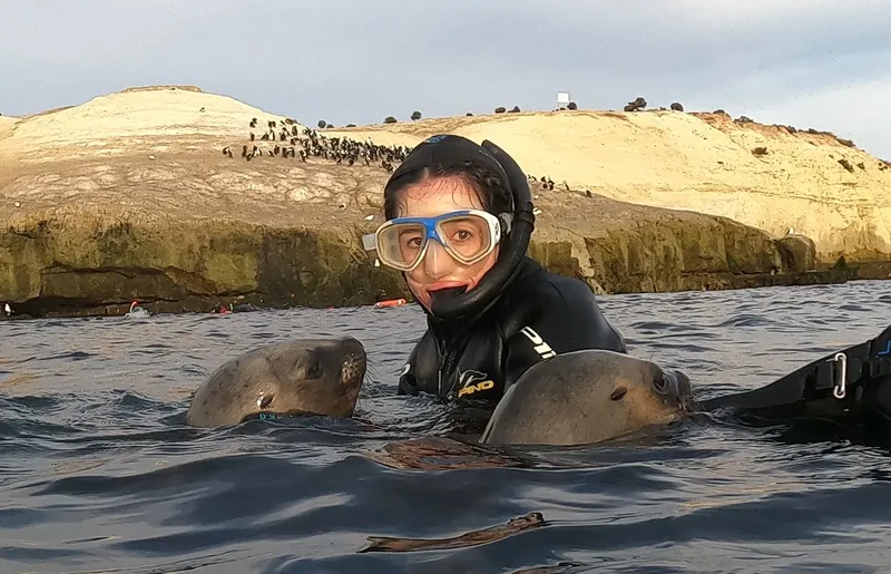 Plongeuse souriante interagissant avec deux otaries curieuses en mer