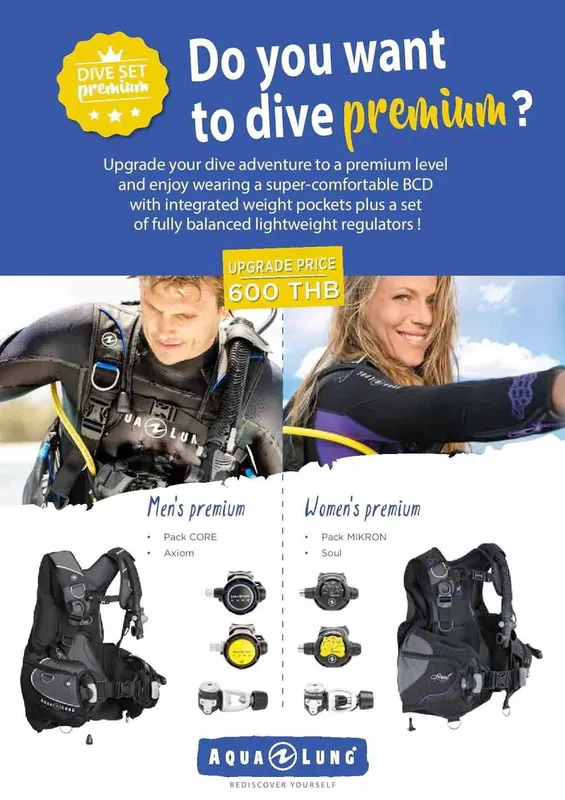 Publicité pour du matériel de plongée haut de gamme Aqualung avec des plongeurs