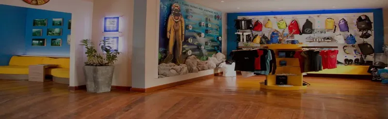 Intérieur d'un centre de plongée avec boutique, canapé et décoration murale