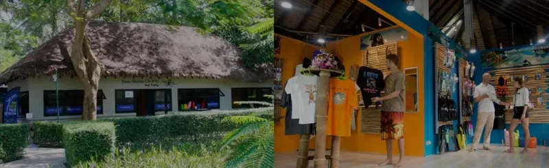 Boutique de plongée avec des personnes et du matériel visible