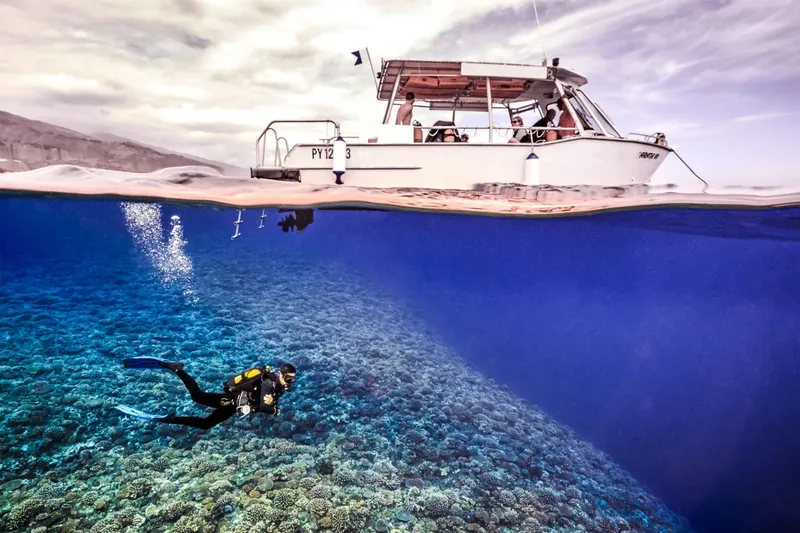 Plongeur explorant un récifal corallien sous un bateau de plongée
