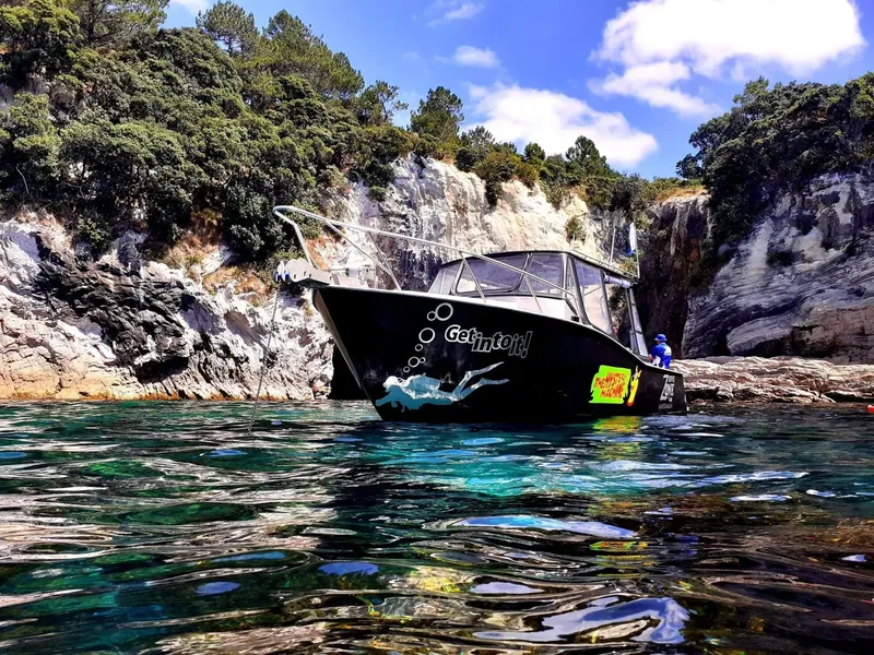 Bateau de plongée noir et vert au milieu d'une eau turquoise claire