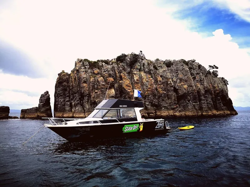 Bateau de plongée noir et jaune au large d'une côte rocheuse