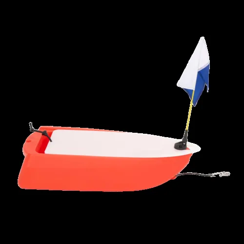Petit bateau rouge et blanc avec un drapeau bleu et blanc