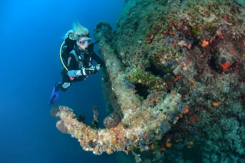 Plongeuse explorant une structure rocheuse colonisee par la vie marine