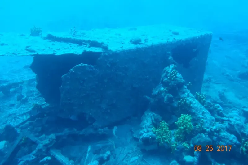 Epave sous-marine recouverte d'algues et de coraux, fond marin bleu