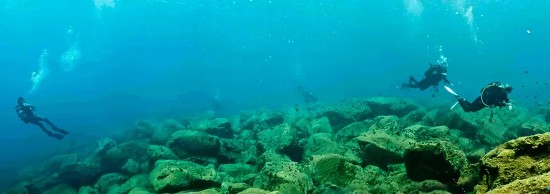 Plongeurs explorant un fond marin rocheux en eau turquoise claire