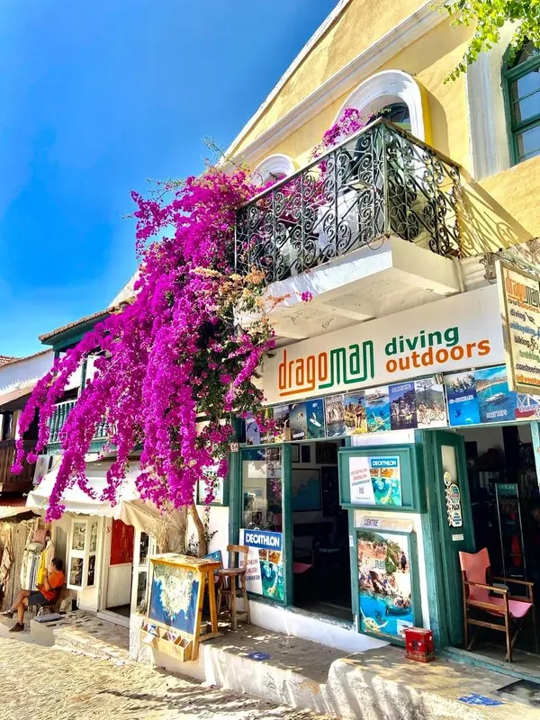 Façade d'un centre de plongée avec bougainvilliers et passants