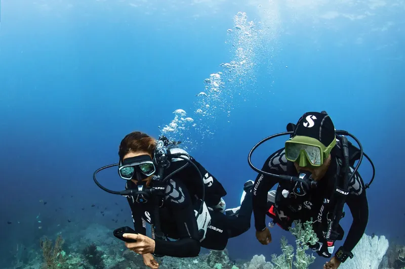 Deux plongeurs en combinaison explorent un récifal sous-marin bleu