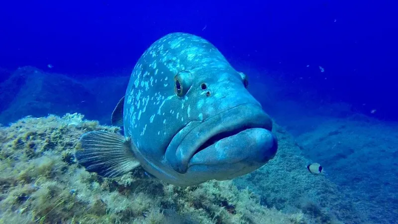 Gros mérou tacheté nageant près du fond marin rocheux