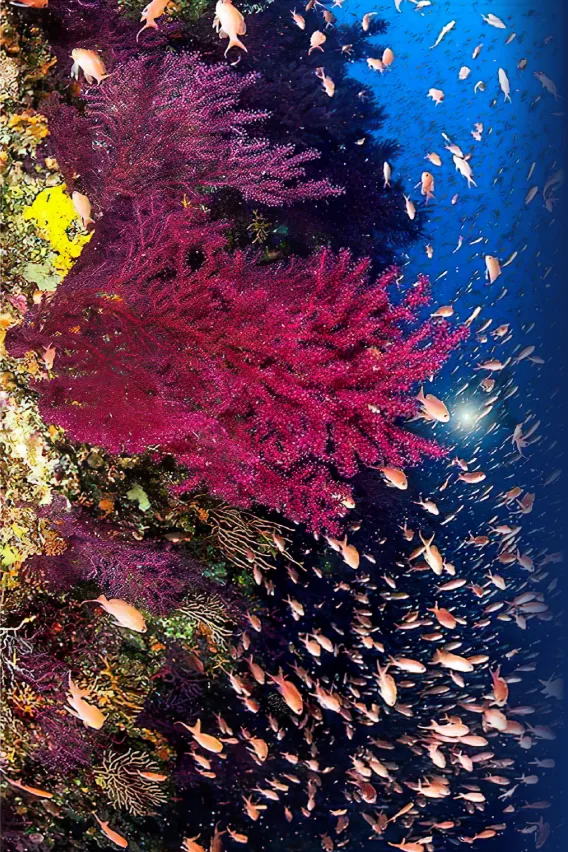 Coraux gorgones roses et banc de poissons dorés en mer